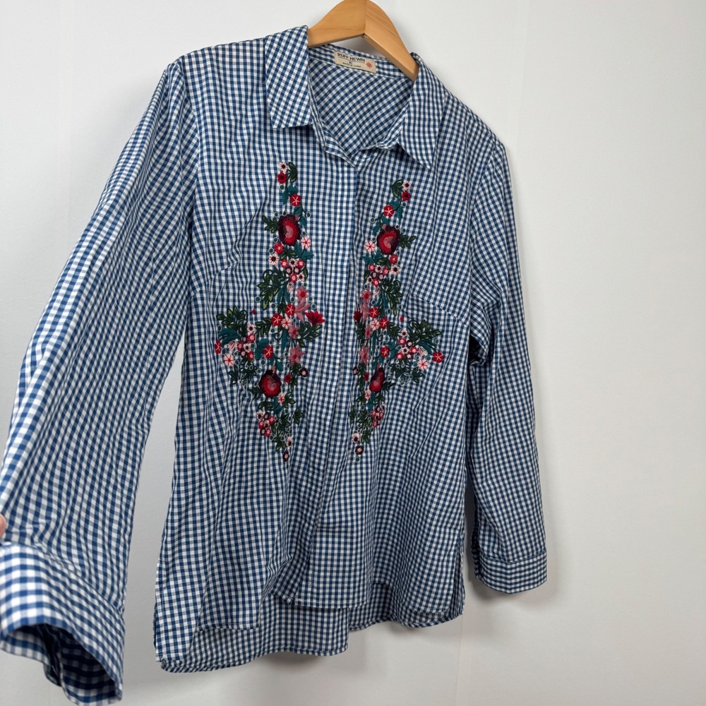 Cotton Blue Gingham Floral Embroidery Shirt Blouse XL Cottage Country Farmhouse